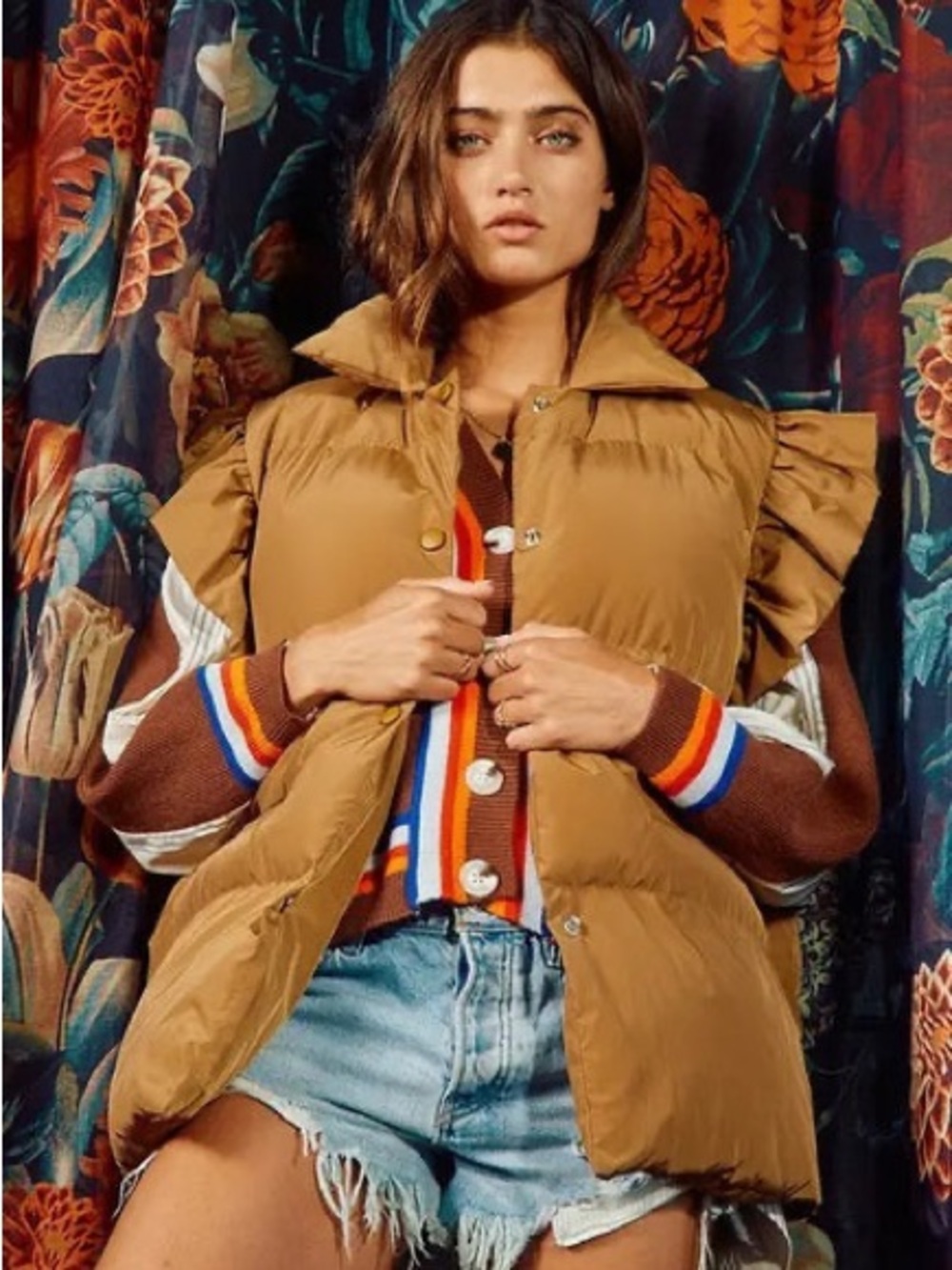 Bucket List Ruffle Sleeve Down Puffer Vest Camel Brown Tan Medium Fall Layer